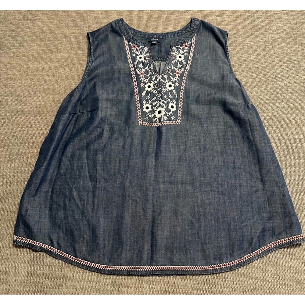 J.Jill Denim Sleeveless Top Womens 3X Blue Embroidered Lyocell Floral Boho